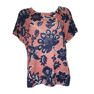 Coldwater Creek Top Womens Size PL Petite Large Blue Floral Knit Crochet Sleeve